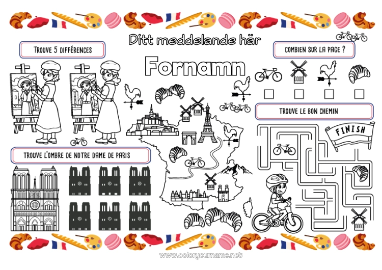 Färgläggningssida att skriva ut Barnaktiviteter Frankrike Land Paris Utskrivbar bordsduk