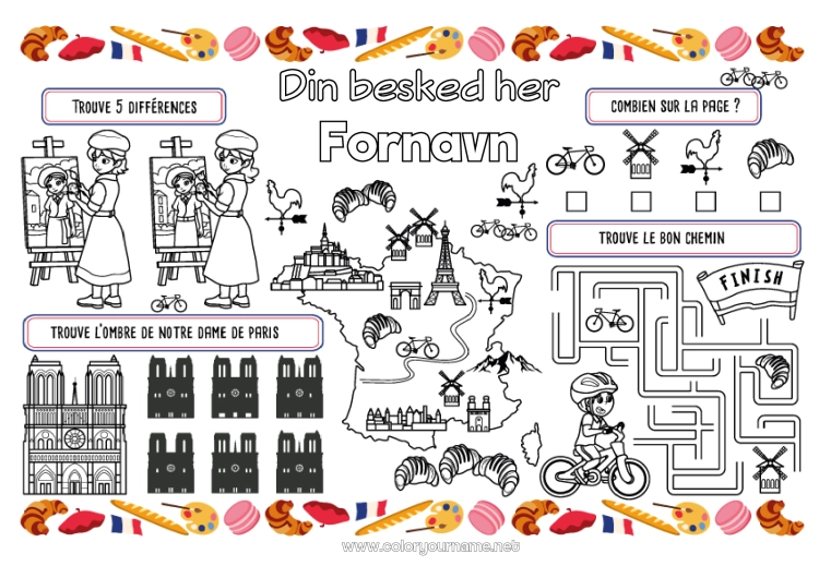 Farvelægningssiden til udskrivning Børneaktiviteter Frankrig Land Paris Printbart bordskilt