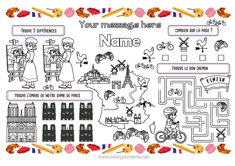 Colouring page to print Children's Activities France Country Paris Printable Placemat