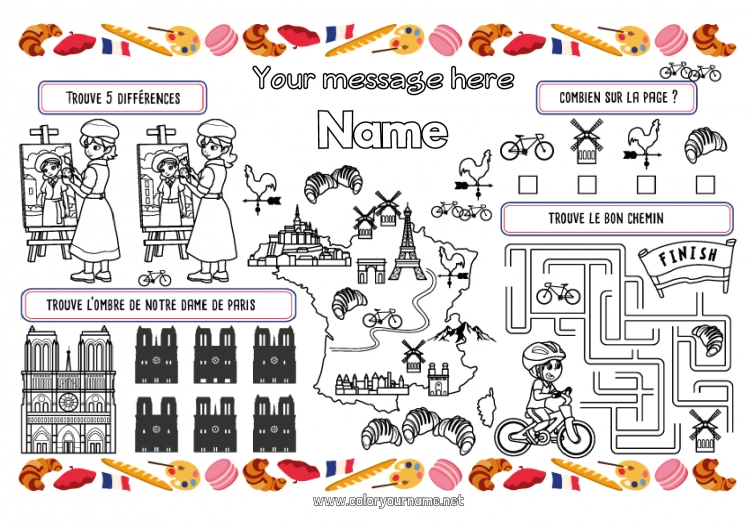 Coloring page to print Children's activities France Country Paris Printable Placemat