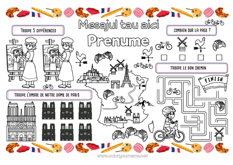 Pagină de colorat de imprimat Activități pentru copii Franța Țară Paris Set de masă de imprimat