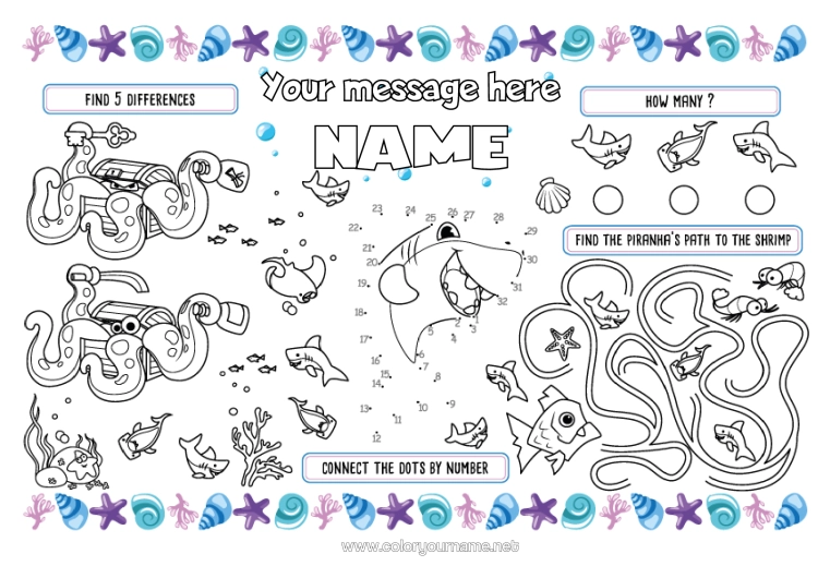 Colouring page to print Sea Children's Activities Animal Fish Shellfish Shark Marine Or Aquatic Animals Octopus Printable Placemat Shrimp