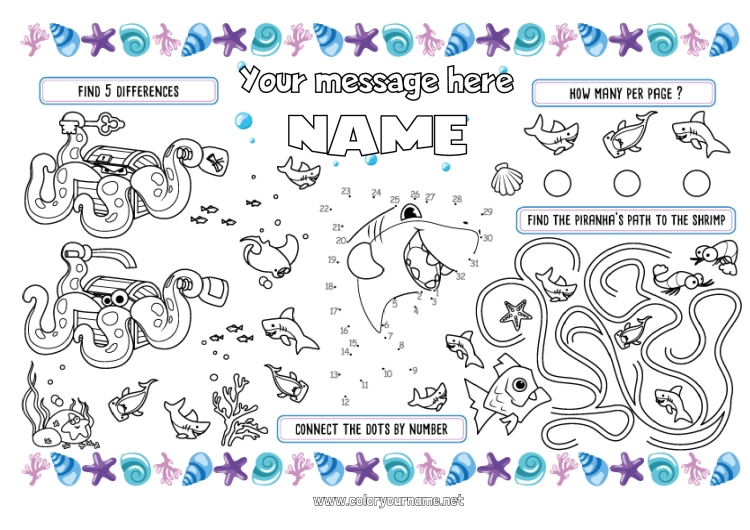 Coloring page to print Sea Children's activities Fish Sea Shell Shark Marine or aquatic animals Octopus Printable Placemat