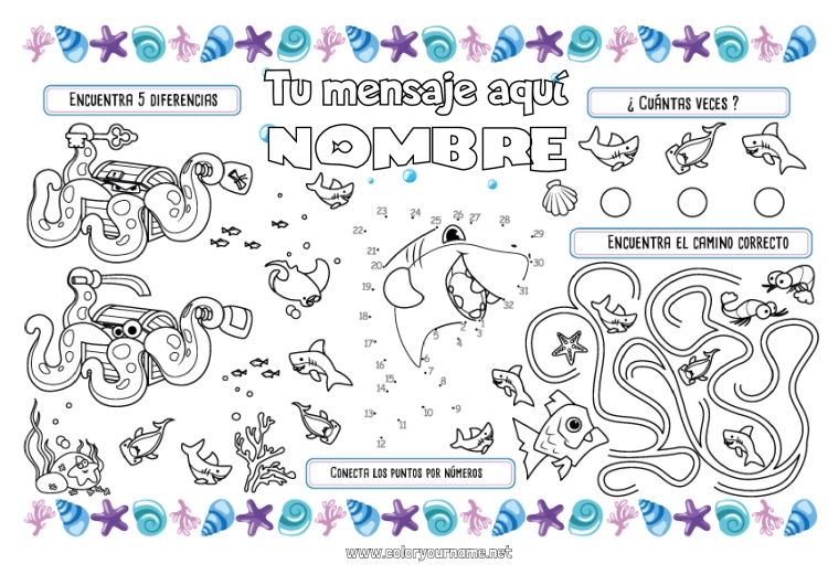 Dibujo para colorear para imprimir Mar Actividades para niños Pescado Conchas marinas Tiburón Animales marinos o acuáticos Pulpo Mantel individual para imprimir