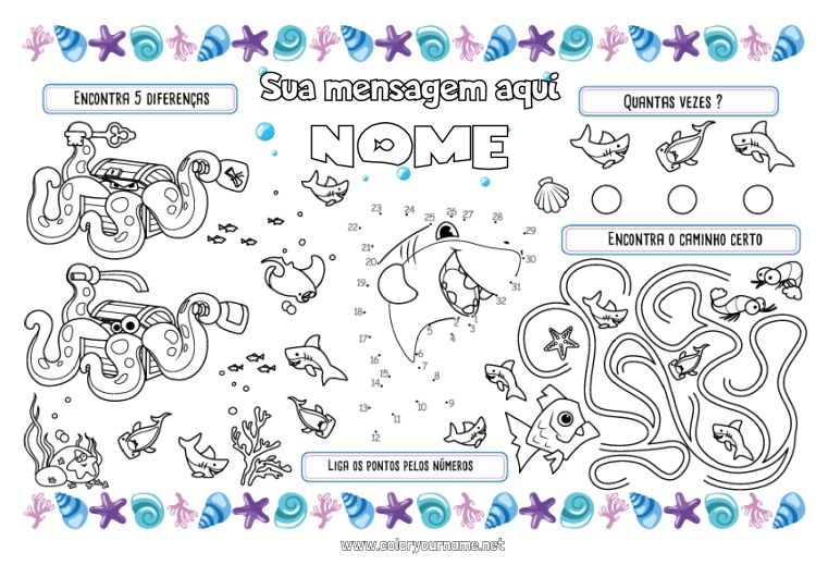 Página de desenho para imprimir Mar Atividades para Crianças Peixe Conchas Tubarão Animais marinhos ou aquáticos Polvo, Lula Jogo americano para imprimir