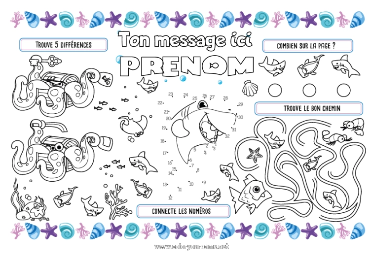 Coloriage à imprimer Mer Activités enfants Poisson Coquillages Requin Animaux marins ou aquatique Pieuvre, poulpe Set de table à imprimer