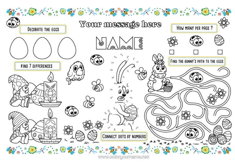 Colouring page to print Rabbit Children's Activities Bee Easter Eggs Easter Insects Forest Animals Printable Placemat