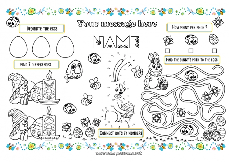 Coloring page to print Bunny Children's activities Bee Easter eggs Easter Insects Forest animals Printable Placemat