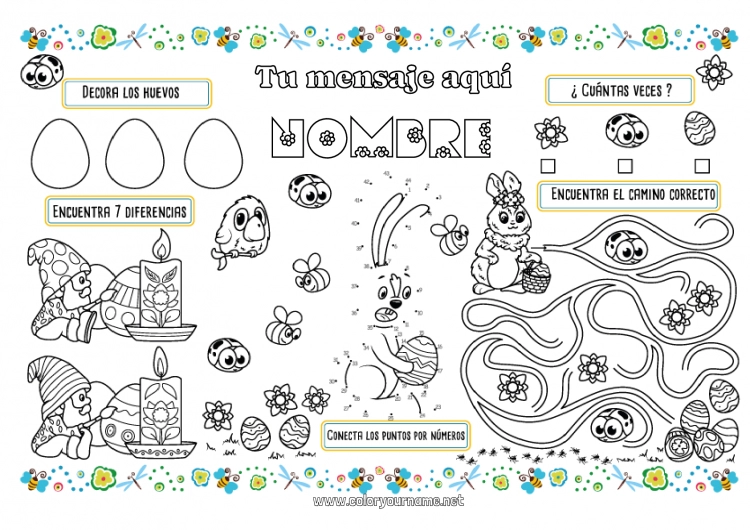 Dibujo para colorear para imprimir Conejo Actividades para niños Abeja Huevos de Pascua Pascua de Resurrección Insectos Animales del bosque Mantel individual para imprimir