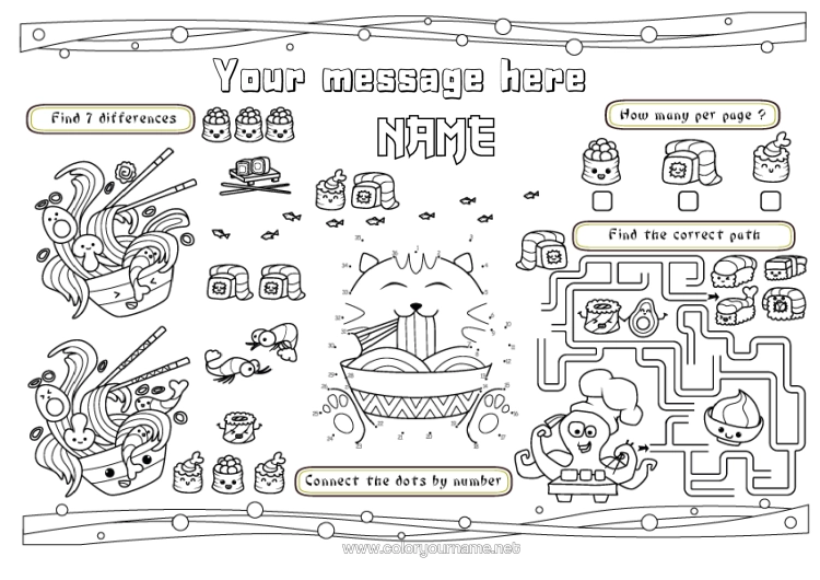 Colouring page to print Children's Activities Japan Sushi Printable Placemat Ramen