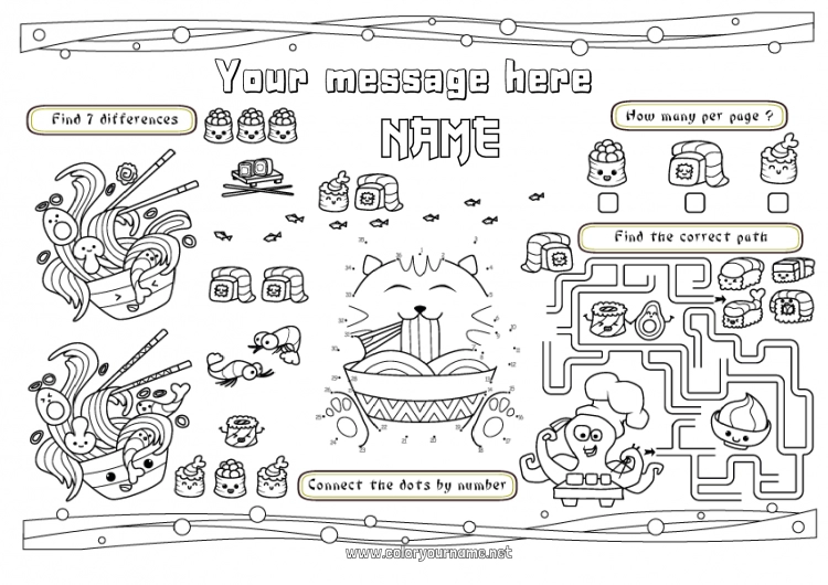 Coloring page to print Children's activities Japan Sushi Printable Placemat Ramen