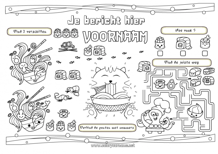 Kleurplaat om af te drukken Activiteiten voor Kinderen Japan Sushi Printbare placemat Ramen