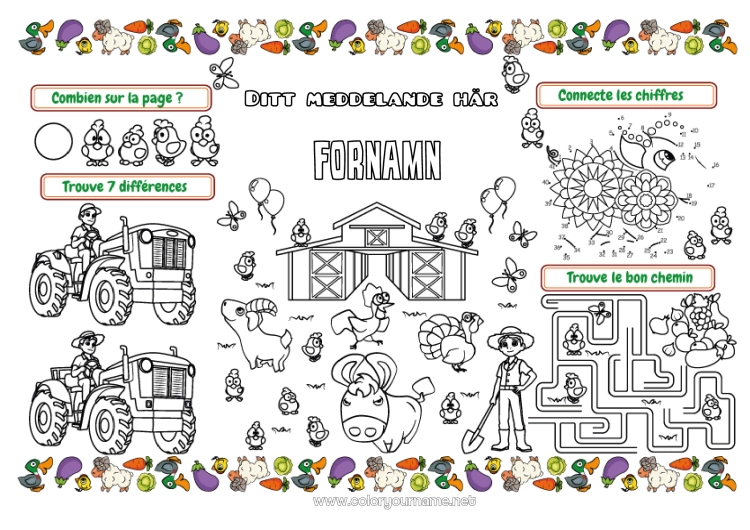 Färgläggningssida att skriva ut Höna Gris Barnaktiviteter Djur Get. Traktor Gårdsfordon Gårdsdjur Bonde Gårdsyrken Utskrivbar bordsduk