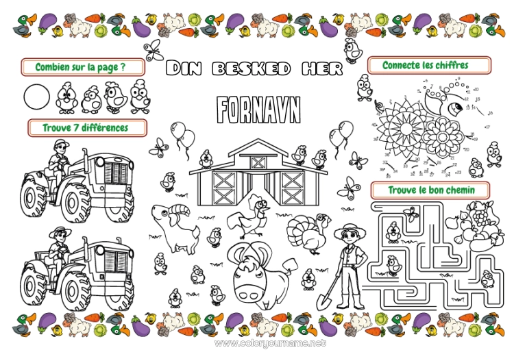 Farvelægningssiden til udskrivning Høne Svin Børneaktiviteter Dyr Ged Traktor Landbrugs køretøjer Gårdsdyr Landmand Landbrugsjob Printbart bordskilt