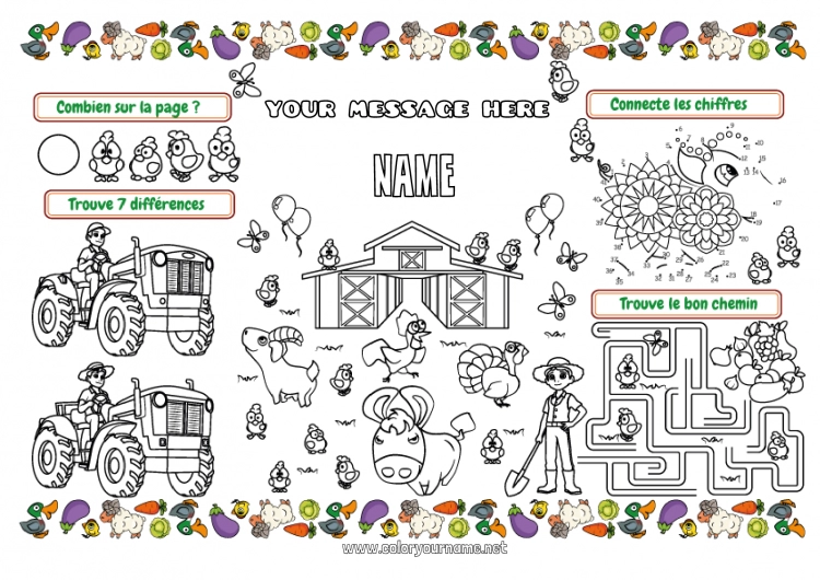 Coloring page to print Hen Pig Children's activities Goat Tractor Farm vehicles Farm animals Farmer Farm Professions Printable Placemat