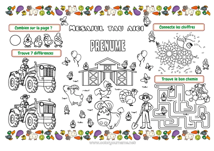 Pagină de colorat de imprimat Cocoșă. Porc Activități pentru copii Animal Capră Tractor Vehiculele fermei Animale de fermă Fermer. Meserii agricole Set de masă de imprimat