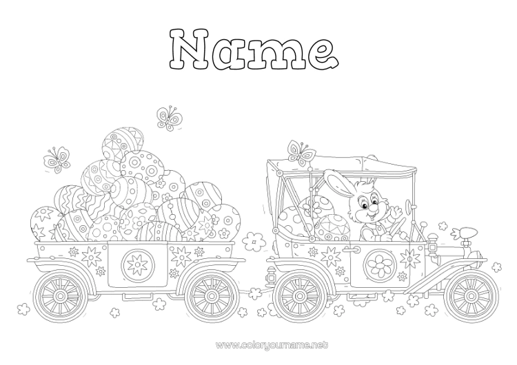Colouring page to print Rabbit Car Easter Eggs Forest Animals Cars, Vans And Motorhomes