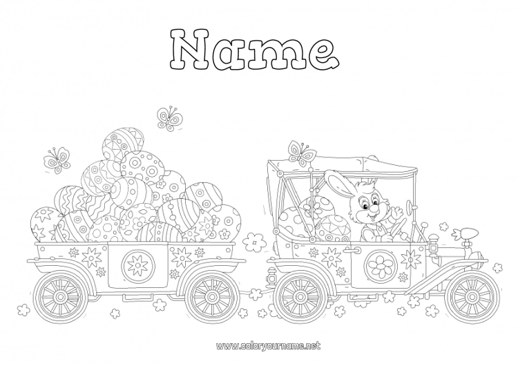 Coloring page to print Bunny Car Easter eggs Forest animals Cars, vans, and motorhomes