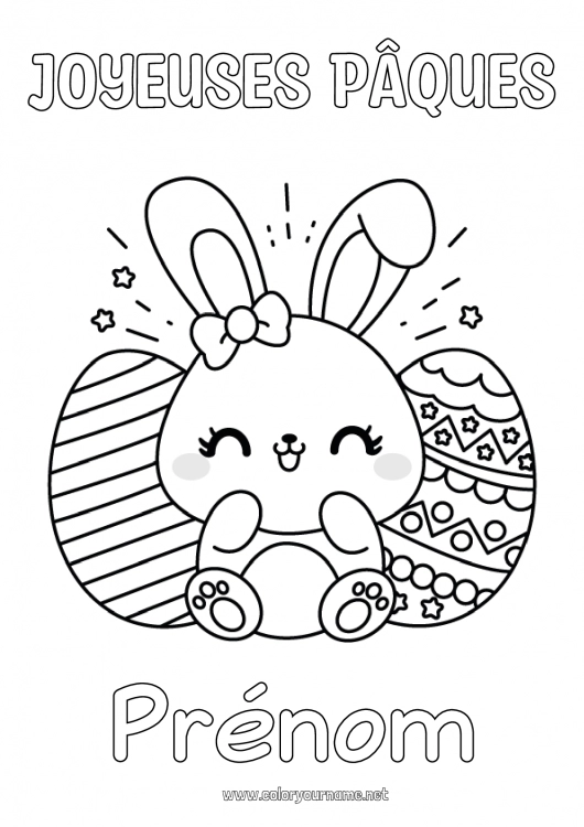 Coloriage à imprimer Kawaii Lapin Oeufs de Pâques Animaux de la forêt