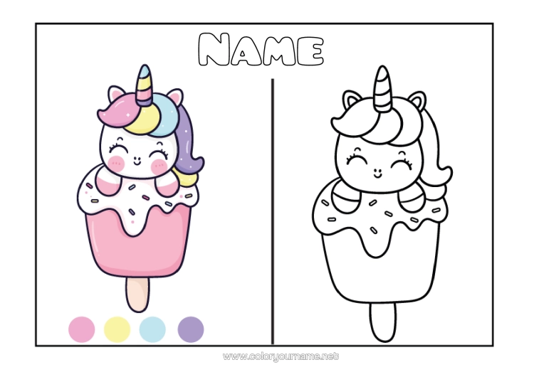 Colouring page to print Unicorn Treats, Sweets Ice Cream Easy Colouring Pages Dragons, Unicorns, And Fantastical Creatures Colouring With Template