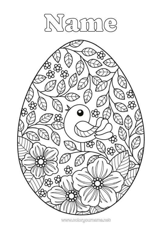 Colouring page to print Flowers Bird Spring Leaves Easter Eggs Large Easter Egg Birds And Flying Mammals