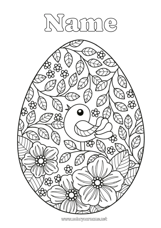 Coloring page to print Flowers Bird Spring Leaves Easter eggs Big easter egg Flying birds and mammals