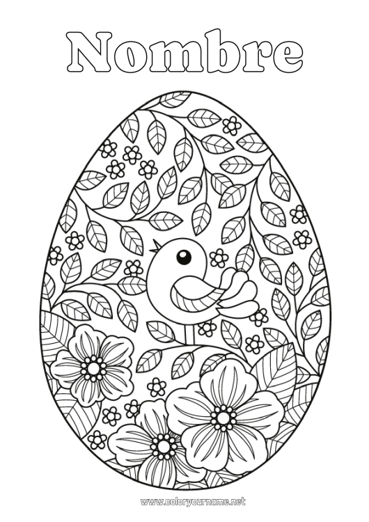 Dibujo para colorear para imprimir Flores Pájaro Primavera Hojas Huevos de Pascua Gran huevo de pascua Aves y mamíferos voladores