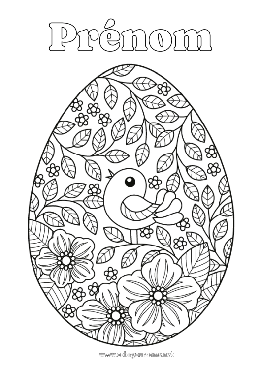 Coloriage à imprimer Fleurs Oiseau Printemps Feuilles Oeufs de Pâques Gros oeuf de Pâques Oiseaux et mammifères volants