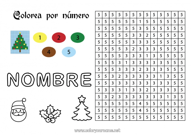 Dibujo para colorear para imprimir árbol de Navidad Navidad Número Colorear por números Actividades para niños