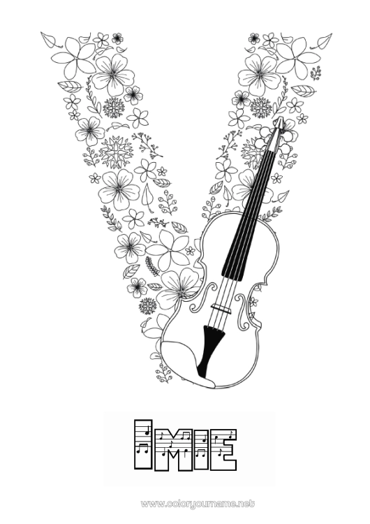 Kolorowanka do wydruku Zentangle Instrumenty muzyczne Skrzypce Litera alfabetu