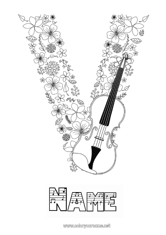 Coloring page to print Zentangle Musical instruments Violin Alphabet letter