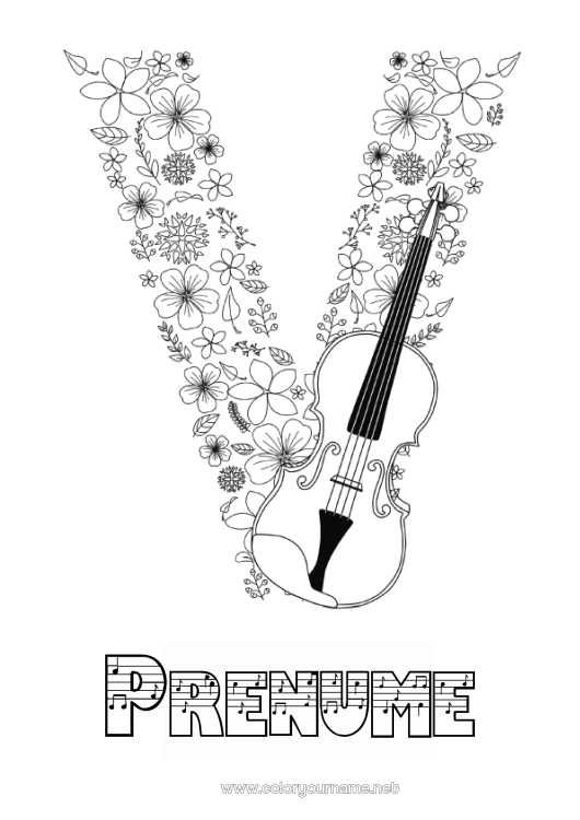 Pagină de colorat de imprimat Zentangle Instrumente muzicale Vioară Litera alfabetului