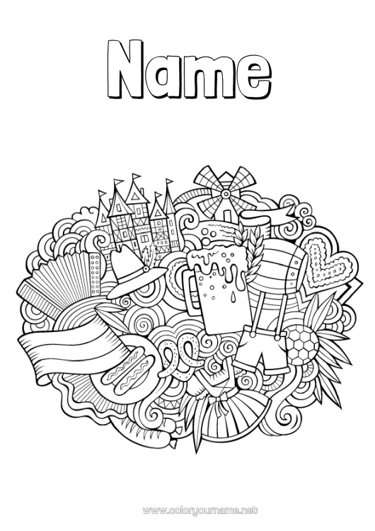 Colouring page to print Mandala Drink Symbols Country Monument Germany Pretzel Beer Neuschwanstein Castle Oktoberfest