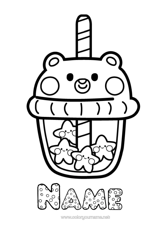 Colouring page to print Cute Teddy Bear Stars Drink Forest Animals Bubble Tea