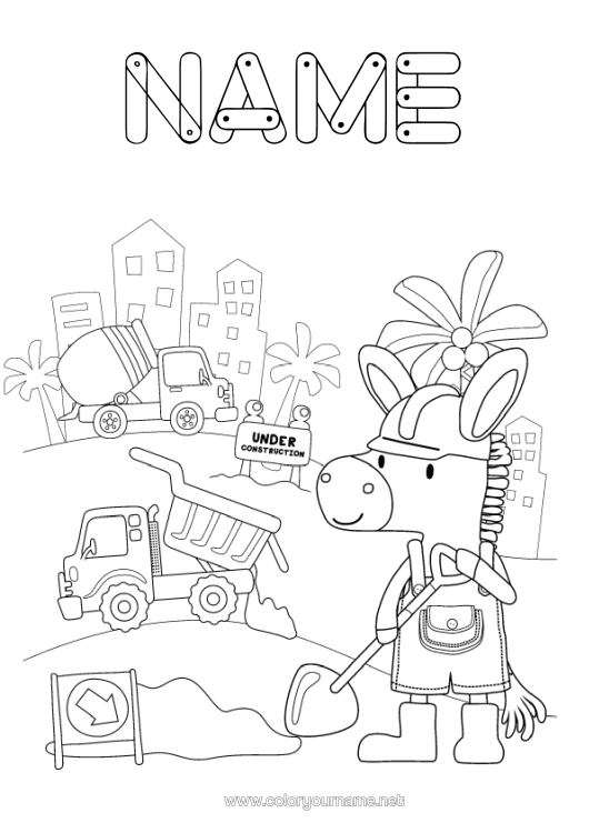 Colouring page to print Animal Construction Equipment Farm Animals Concrete Mixer Truck Construction Trades Donkey Loader Site, Construction