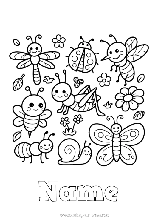 Coloring page to print Kawaii Butterfly Animal Snail Fly Ladybug Ant Insects Mosquito Cicadas