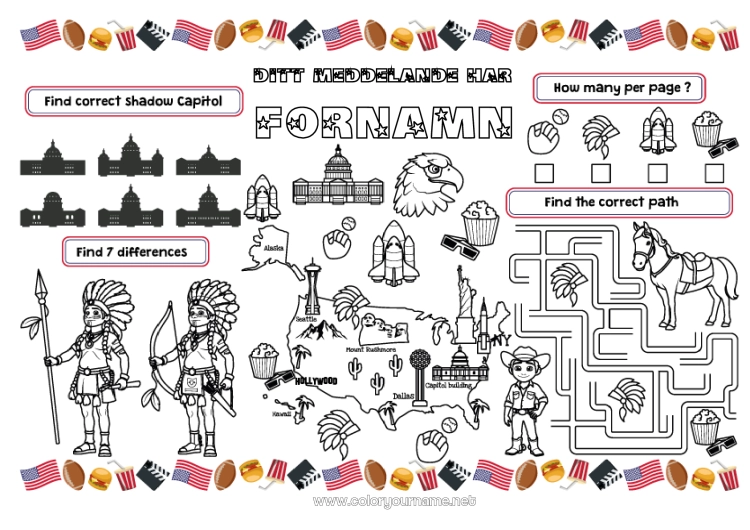 Färgläggningssida att skriva ut Barnaktiviteter USA Land Amerikanska indianer Utskrivbar bordsduk