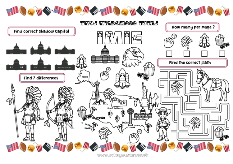 Kolorowanka do wydruku Aktywności dla dzieci USA Kraj Indianie Amerykańscy Zestaw do druku na stół