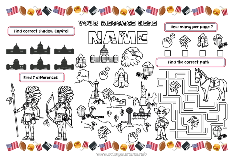 Colouring page to print Children's Activities United States Of America Country American Indians Printable Placemat