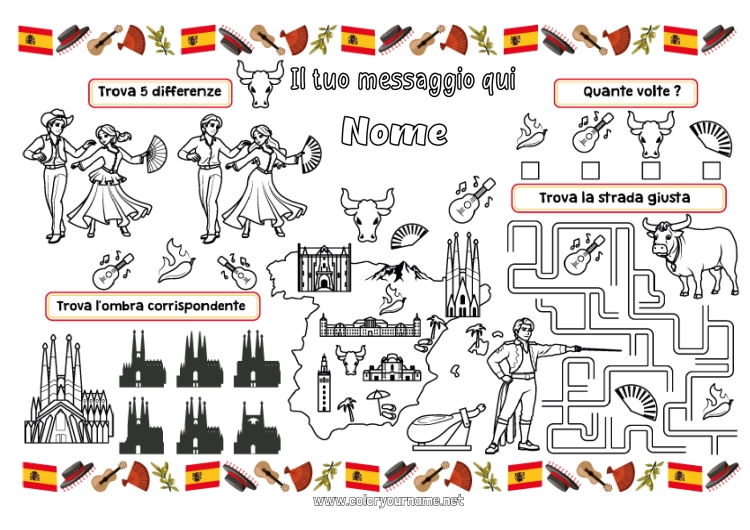 Pagina da colorare da stampare Attività per Bambini Geografia Spagna Tovaglietta da stampare