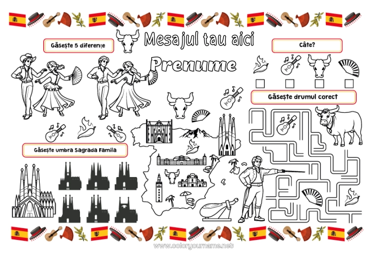 Pagină de colorat de imprimat Activități pentru copii Geografie Spania Set de masă de imprimat