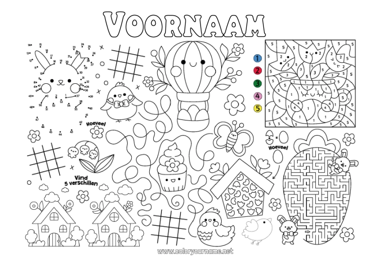 Kleurplaat om af te drukken Lente Kleuren op nummer Activiteiten voor Kinderen Van punt naar punt Paaseieren Pasen Zoeken en vinden Doolhof Printbare placemat