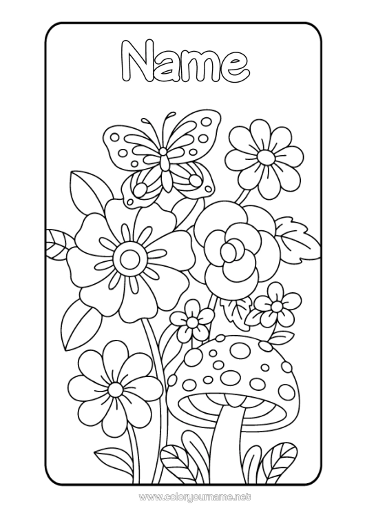 Colouring page to print Flowers Butterfly Mushroom Fruit Insects