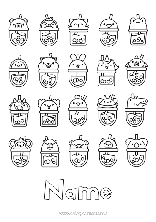 Colouring page to print Cute Animal Drink Bubble Tea