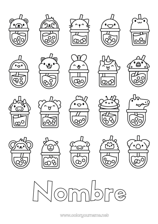 Dibujo para colorear para imprimir Kawaii Animales Bebidas Bubble tea