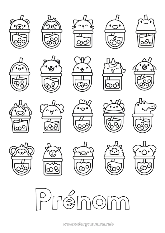 Coloriage à imprimer Kawaii Animal Boisson Bubble tea