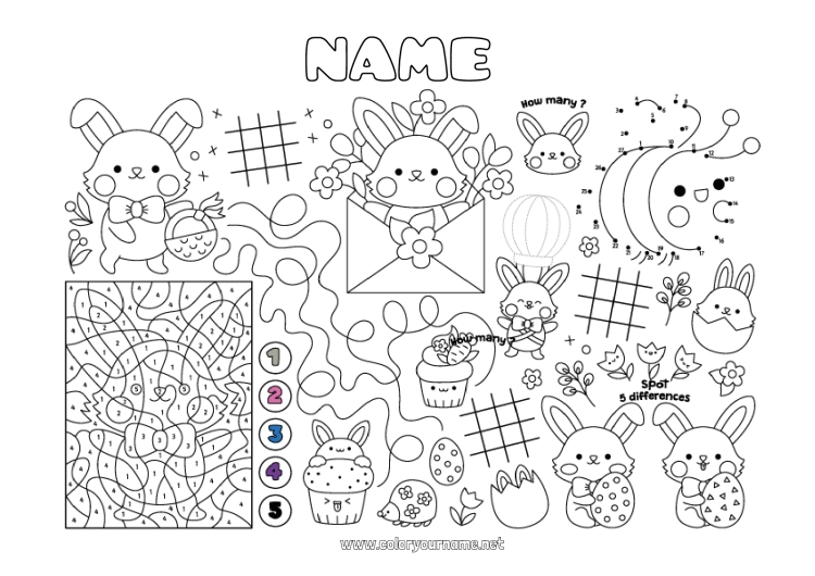 Coloring page to print Spring Bunny Coloring by numbers Connect the dots Easter I spy Trace and color Forest animals Printable Placemat