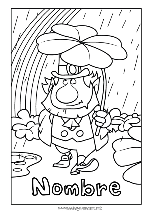 Dibujo para colorear para imprimir Trébol Irlanda Leprechaun Arcoíris Lluvia