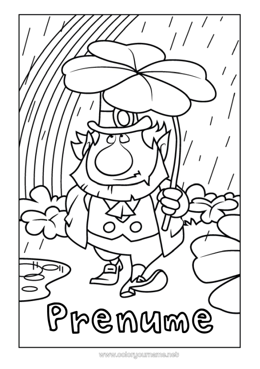 Pagină de colorat de imprimat Trifoi Irlanda Leprechaun Curcubeu Plouă