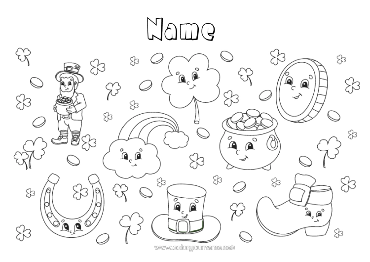 Colouring page to print Magic Cauldron Fortune Clover Horseshoe St Patrick's Day Rainbow Symbols Rooms